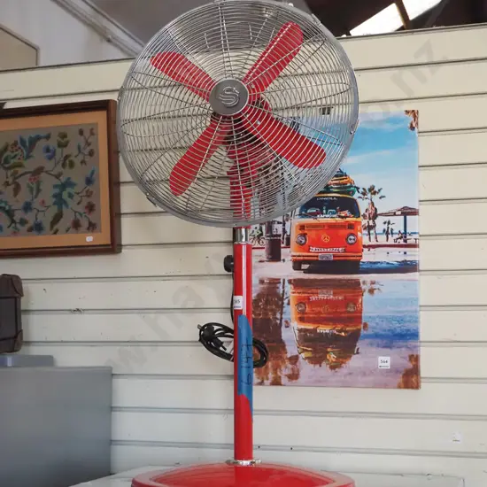 red pedestal fan