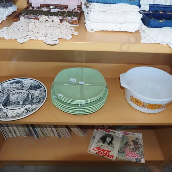 cabinet plate, Duraware plates, retro Pyrex bowl