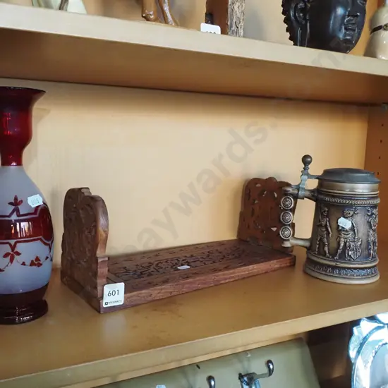 ruby glass vase, beer stein, carved wooden  bookcase