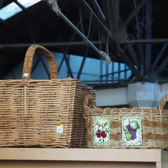 2x cane baskets - 1 has ceramic tiles - yellow dots