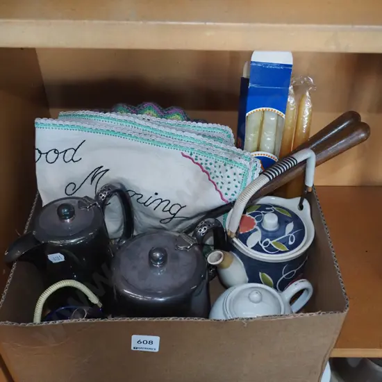 box; small tea pots, candles, napkins etc