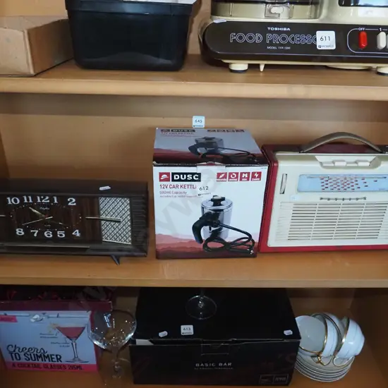 mantle clock, 12v car kettle, transistor radio