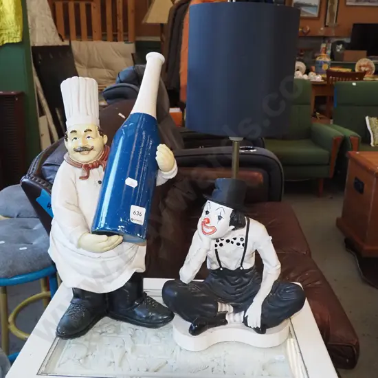 chef figural wine bottle holder, clown based table lamp