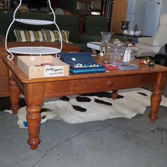turned leg pine coffee  table with single drawer - some marks to surface