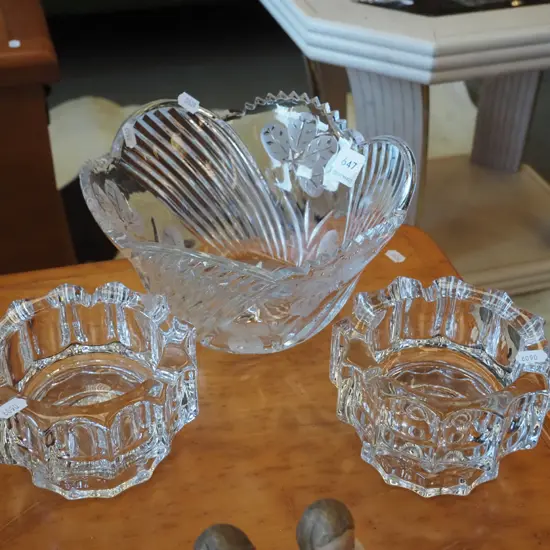 cut crystal bowl, 2 other bowls