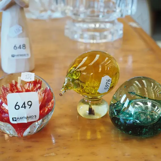 3x studio glass paperweights