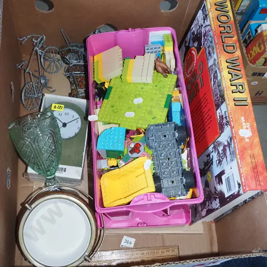 box; Lego, WWII book, glass goblet etc