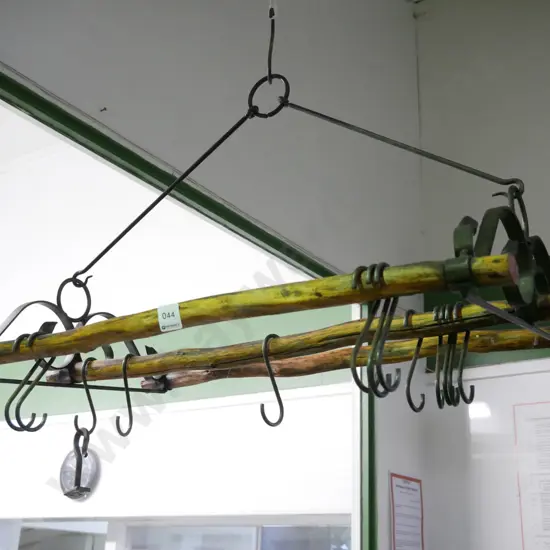 rustic wood and metal hanging kitchen utensil rack