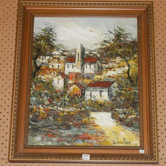 framed oil - village scene