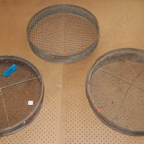 3x garden sieves - large, medium, small net - red dots