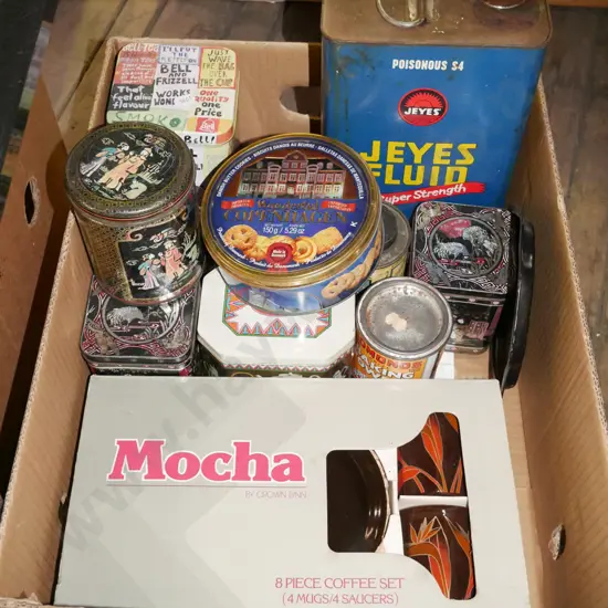 boxed vintage tins, boxed as new Crown Lynn Mocha 8 piece coffee set