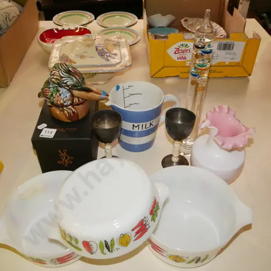 3x retro glass baking dish, Galileo thermometer, kookabura ornament - chip etc