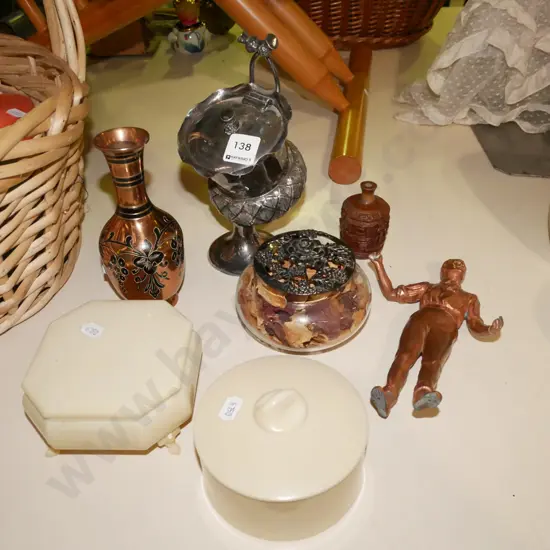 cast metal male figurine, thistle themed sugar scuttle, vase etc