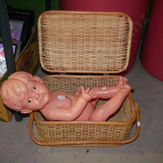 small cane picnic hamper and vintage doll
