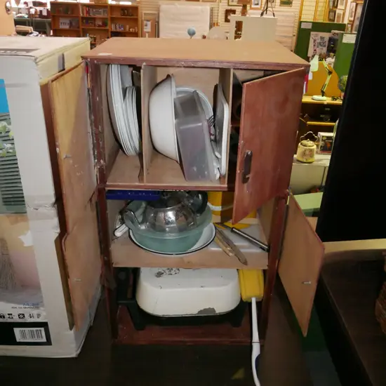 home made camping kitchen with electric frying pan, plates, cutlery etc