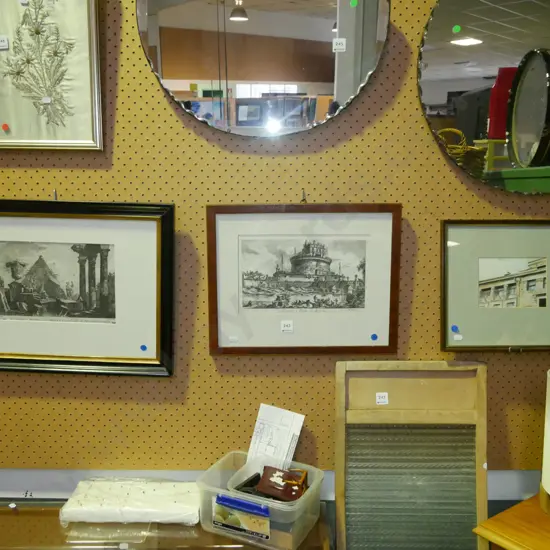 framed watercolour, 2x framed etchings - blue dots