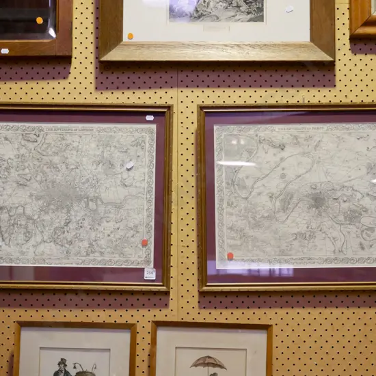 2x framed maps - London, Paris - red dots