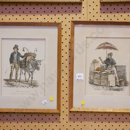 2x hand coloured wood framed etchings - donkey, fruit seller