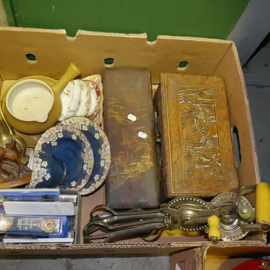 box; eggbeaters, small wooden chests, trios etc