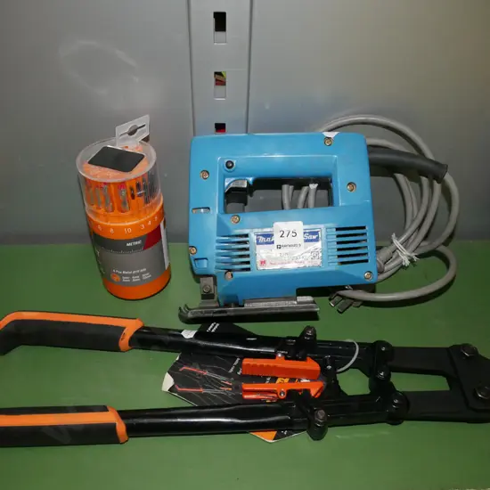 jigsaw, drill bits, bolt cutters