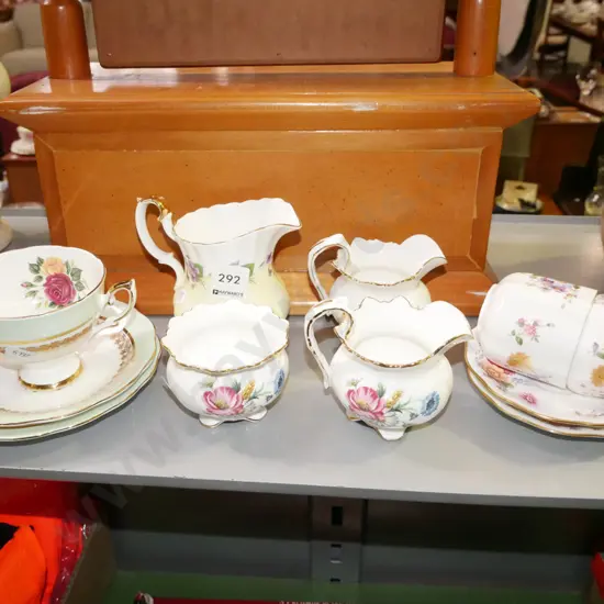 Royal Standard trios, posies coffee cups, saucers, creamers, sugar