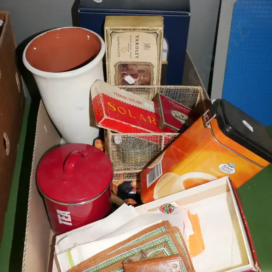 box; storage canisters, hankerchiefs, vintage boxes etc