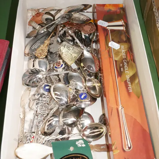 box; candle snuffer, souvenir teaspoons