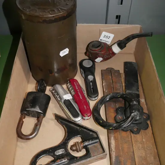 box; vintage builder's rules, pipe etc