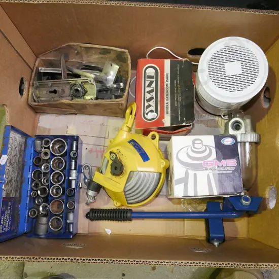 box; socket set, door hadware, water pump, bathroom ware etc