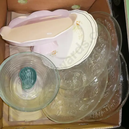 box; pink ceramic footed cake stand, glass plates etc