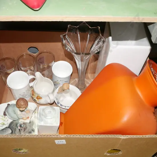 box; vases, glass tumblers, creamer etc