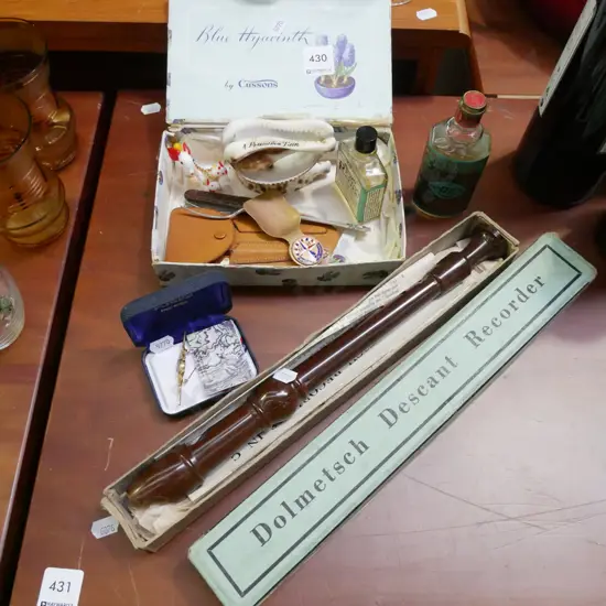 recorder, vintage box, seashell cut away, brooch etc