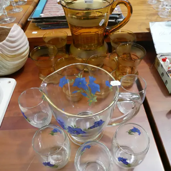 amber glass water set, blue floral water set 