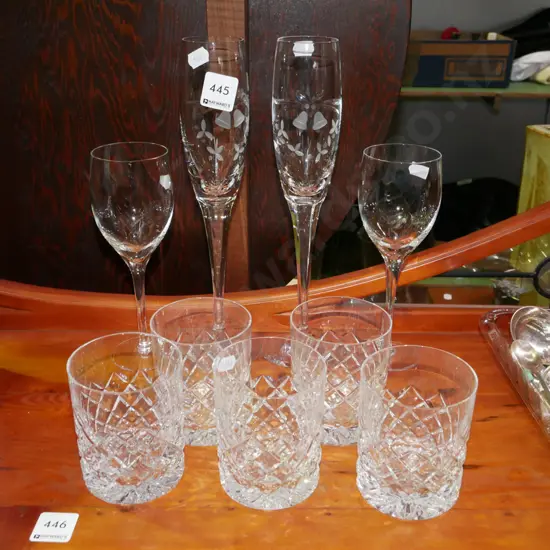 whisky tumblers, wine glasses, champagne flutes