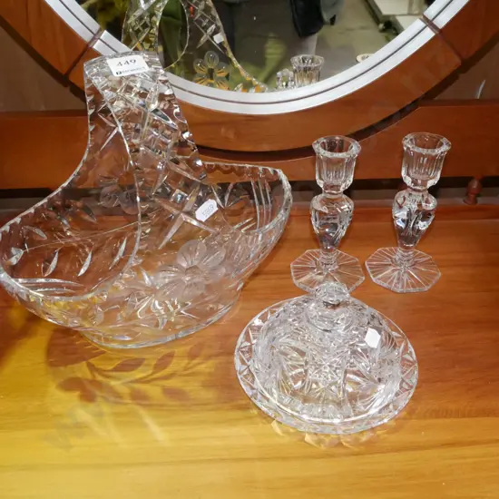 cut crystal basket, candlesticks, cover dish