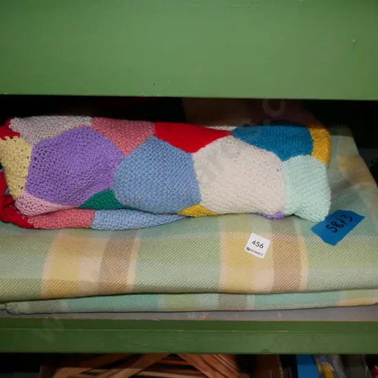 2x green checked woollen blanket, hand knitted blanket