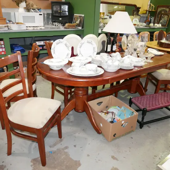 solid rubber wood dining table with 6 ladder back chairs H-740 W-1900 D-1020