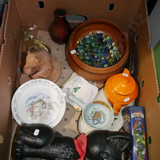 box; wooden bowl, marbles, animal figurines etc