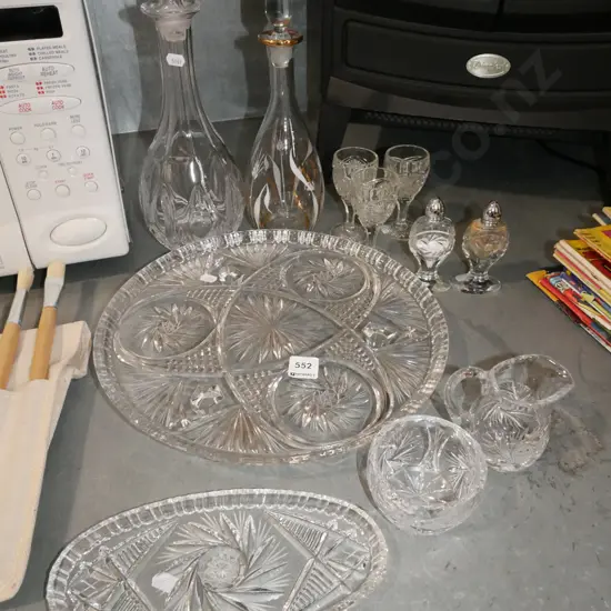 cut crystal footed plate, creamer, sugar etc