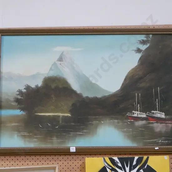 framed oil - fishing boats and Mitre Peak
