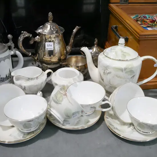 plated tea pot, creamer sugar, beer stein, part white rose tea set