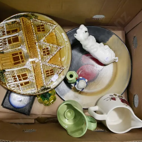 box; dog figurine, pottery bowl, jug etc