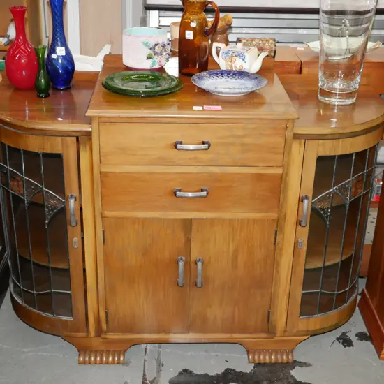 beech cabinet with 2 curved leadlight doors, 2x doors, 2x drawers H-930 W-1260 D-500