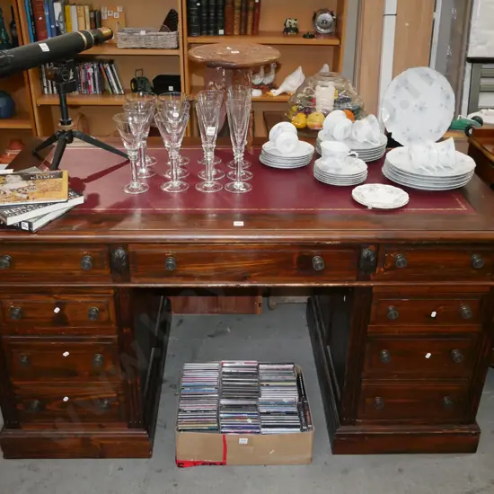 reproduction pine knee hole desk with 9 drawers and vinyl top inset