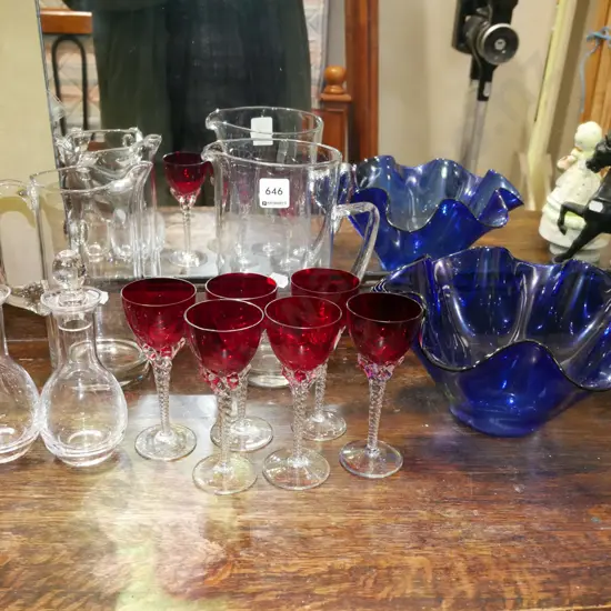 glass water jugs, blue glass bowl, vinegar bottles etc