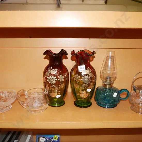 hand painted vases, blue glass lantern, jug etc Tallest vase H-220