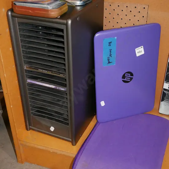 CD tower, tin of Pokemon cards, HP Notebook - no cord