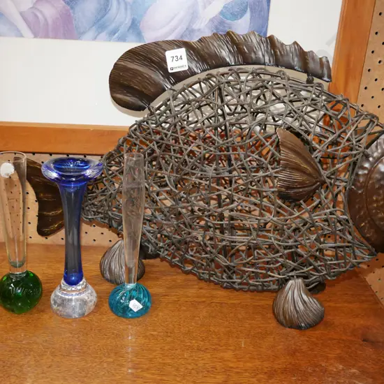 cane and metal fish sculpture H-340, 4x glass bud vases 