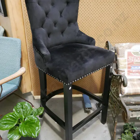 black velvet stool chair with unusual chrome handle on back