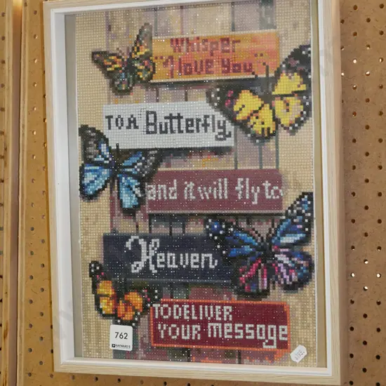framed bead art - butterflies and motto